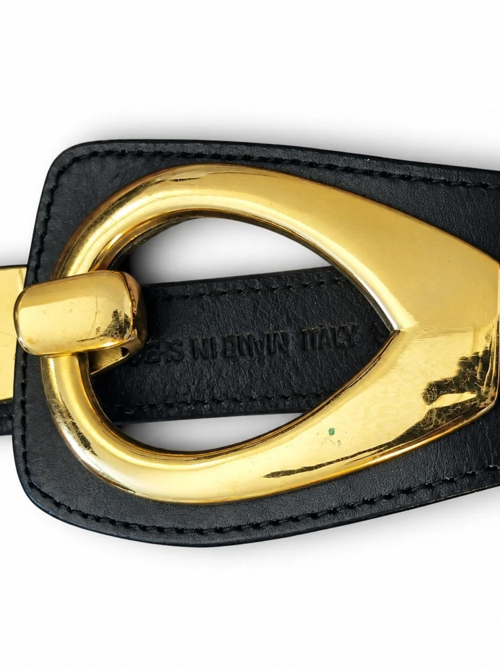 Genuine Italian Leather W/ Oversized Gold Hook Belt Buckle.
